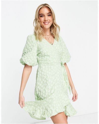 Pieces Premium Embroidered Wrap Puff Sleeve Mini Dress - Green
