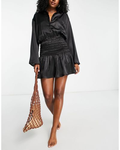 esmé studios Esmee - exclusivité - robe chemise d'été pour la plage avec détails froncés larges - Noir