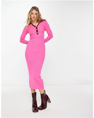 Y.A.S Knitted Midi Dress With Button Detail - Pink