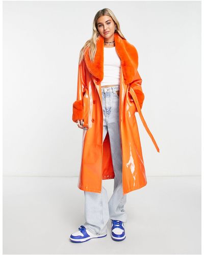 Urbancode Urban Code Longline Pu Trench Coat With Faux Fur Collar - Orange