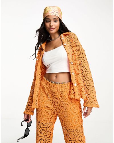 Vero Moda Oversized Crochet Shirt Co-ord - Orange