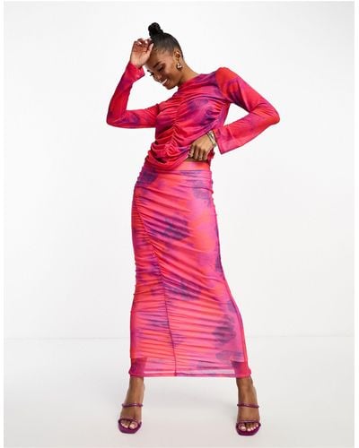 Vero Moda Tie Dye Mesh Midi Skirt Co-ord - Pink