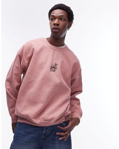 TOPMAN Oversized Fit Sweatshirt With Skull Tattoo Embroidery - Pink