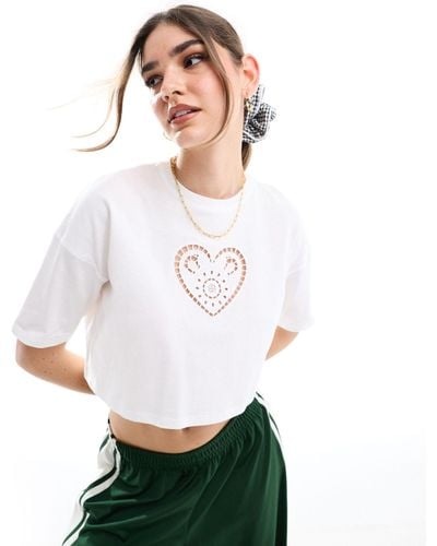 Miss Selfridge Short Sleeve Cropped T-shirt With Heart Broderie Detail - White