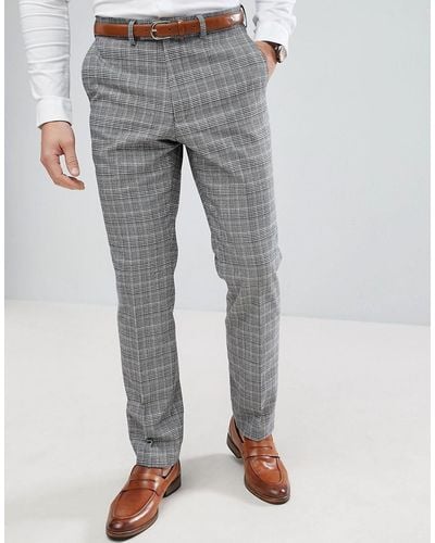 French Connection Prince Of Wales Blue Check Slim Fit Suit Trousers - Grey