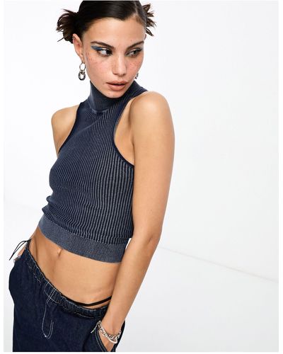 Collusion Knitted Washed Cropped Singlet - Blue
