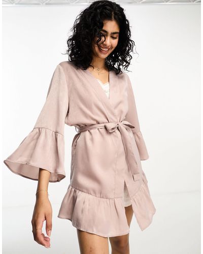 Luna Bridesmaid Satin Ruffle Sleeve Mini Robes - Pink
