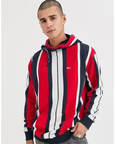 Tommy Hilfiger Sudadera roja de rayas verticales con capucha y logo de bandera - Rojo