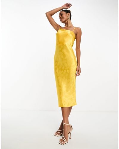 Lola May Satin Halter Neck Midi Dress With Strap Detail - Yellow