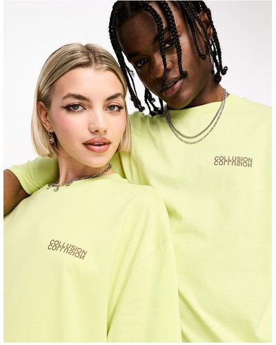 Collusion Unisex - t-shirt verde lime con logo specchiato - Giallo