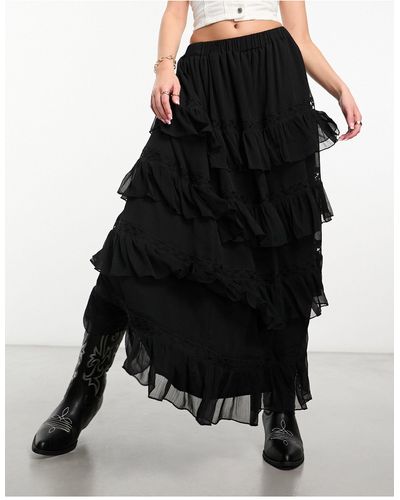 Miss Selfridge Chiffon Ruffle Lace Insert Maxi Skirt - Black