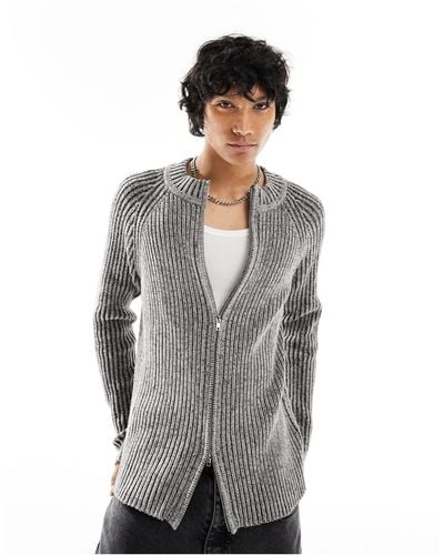 Reclaimed (vintage) Plated Rib Knit Zip Up Sweater - Gray