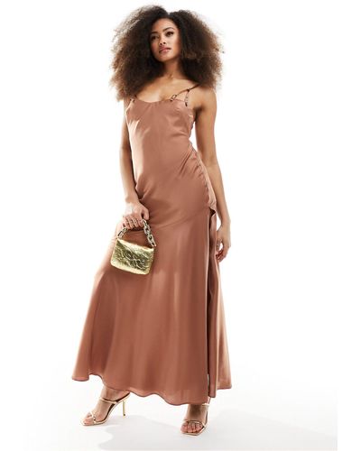 ASOS Satin Buckle Strap Maxi Dress With Fuller Skirt - Brown