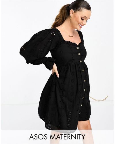 ASOS Asos Design Maternity Exclusive Broderie Square Neck Button Through Dress - Black