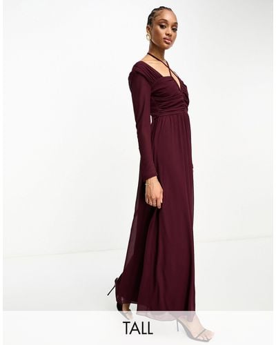 TFNC London Halter Neck Long Sleeve Maxi Dress With Cut Out Details - Red