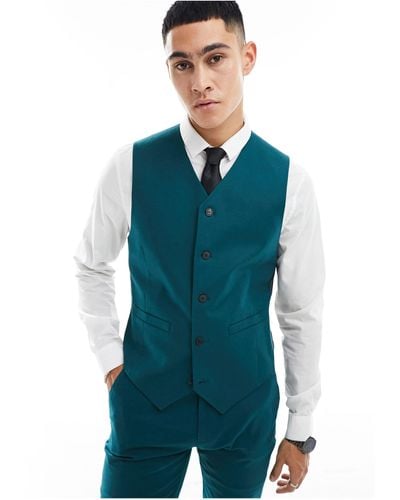 ASOS Skinny With Linen Suit Waistcoat - Blue