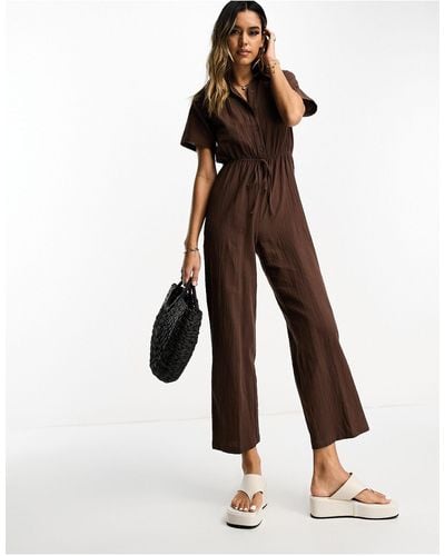 Lola May Collared Tie Waist Jumpsuit - Brown