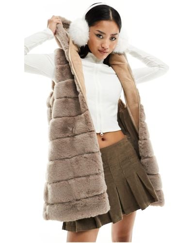 Jayley Jayely Faux Fur Long Hooded Gilet - Natural