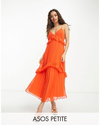 ASOS Asos Design Petite - Geplooide Midi-jurk Met Dunne Bandjes En Ruches - Oranje