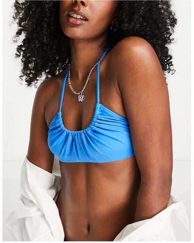 Weekday Top bikini arricciato allacciato al collo, colore brillante - Blu