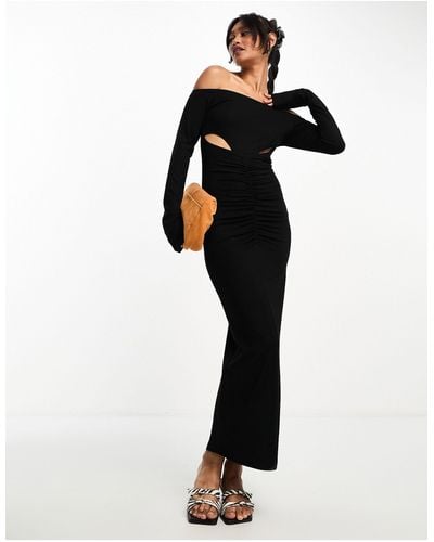 ASOS Bardot Ruched Front Cut Out Long Sleeve Midi Dress - Black