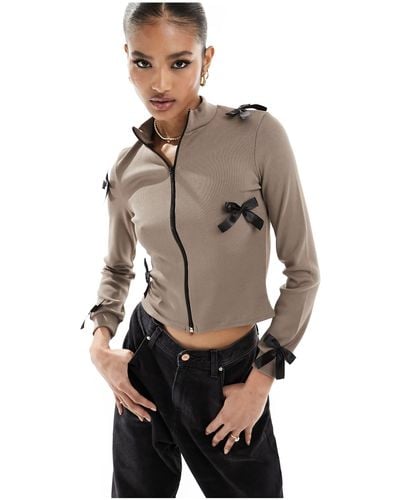 Fashionkilla Ribbed Zip Through Contrast Bow Detail Jumper - Grey