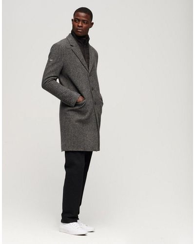 Superdry 2 In 1 Wool Overcoat In Herringbone - Grey