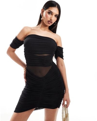 ASOS Bardot Ruched Mesh Panel Mini Dress - Black