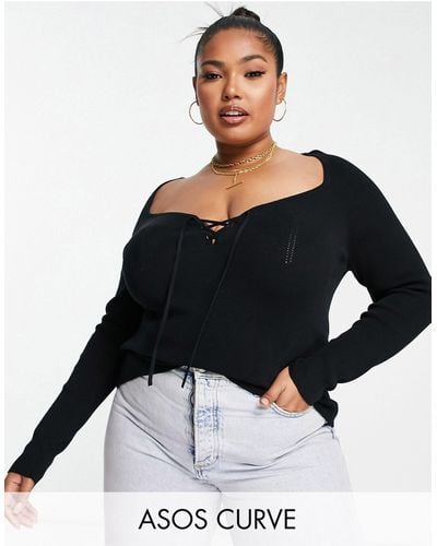 ASOS Asos Design Curve Knitted Top With Sweetheart Neck And Lace Up Front Detail - Black