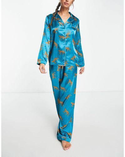 NIGHT Satin Long Pyjama Set - Blue