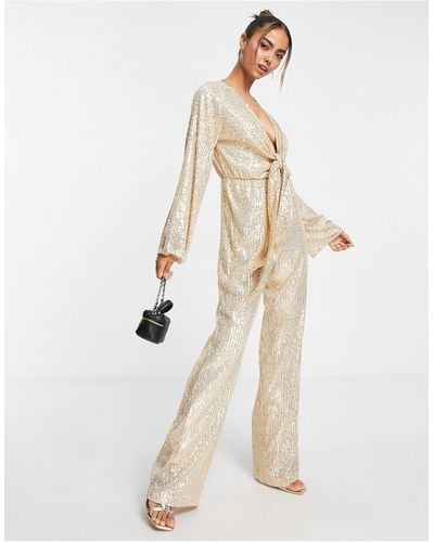 Style Cheat Tie Front Sequin Jumpsuit - Natural