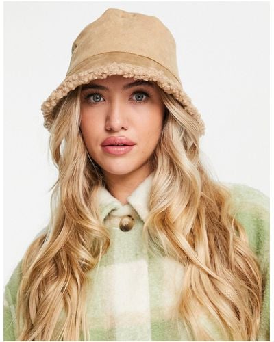 Glamorous Faux Suede Bucket Hat With Borg Trim - Brown