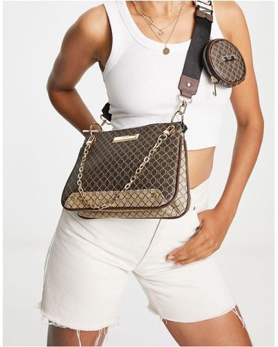River Island Monogram Pouchette Shopper Bag With Chain - Brown
