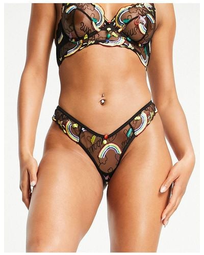 Lost Ink Rainbow Embroidered Sheer Mesh Thong - Black