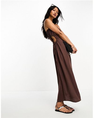 ASOS Linen Bandeau Midi Sundress With Ruched Cut Out Detail - Brown