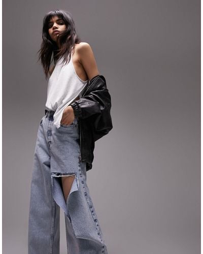 TOPSHOP Oversized Mom Jeans With Rip - Blue