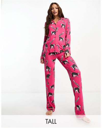 Chelsea Peers Chelsea Peers Exclusive Tall Jersey Lemur Print Button Top And Trouser Pyjama Set - Pink