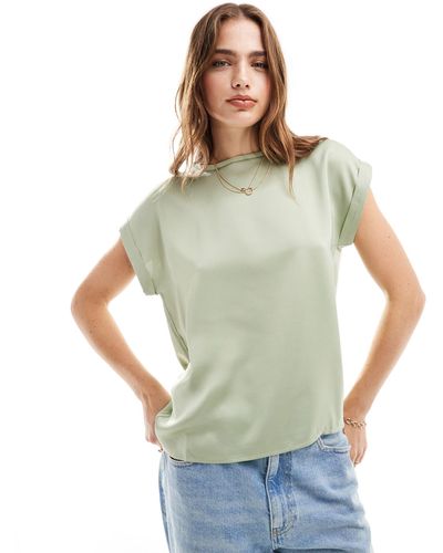 Vila Satin Front T-shirt With Turn Up Sleeve - Green