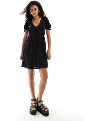 Monki Mini Smock Dress With Puff Sleeves - Black