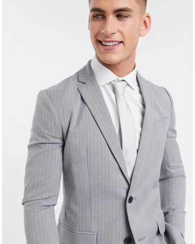 New Look Pinstripe Skinny Suit Jacket - Grey