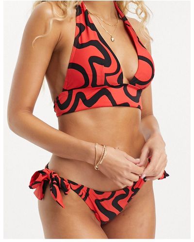 New Look Top bikini allacciato al collo con stampa astratta - Rosso
