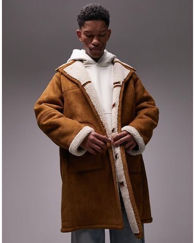 TOPMAN Faux Shearling Coat - Brown