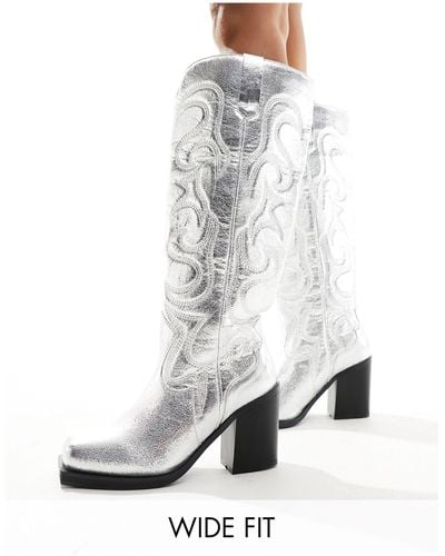 Public Desire Austine Knee Boot With Western Stitching - White