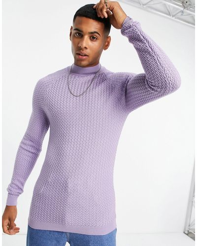 ASOS Muscle Fit Textured Knit Turtle Neck Jumper - Purple