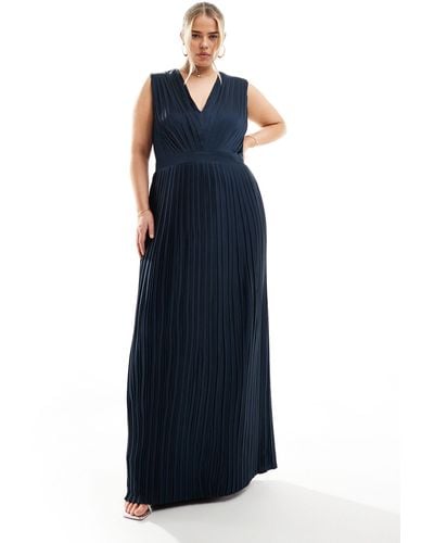 Tfnc Plus Bridesmaid Satin Pleated Maxi Dress - Blue