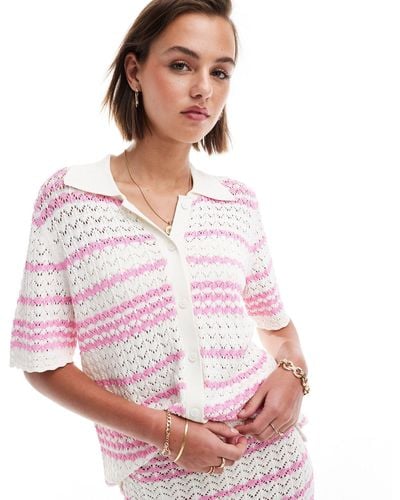 Miss Selfridge Crochet Contrast Polo Button Through Knit Shirt Co-ord - Pink