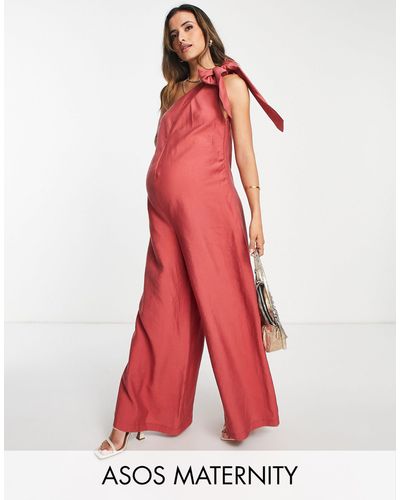 ASOS Maternity Tie One Shoulder Linen Jumpsuit - Red