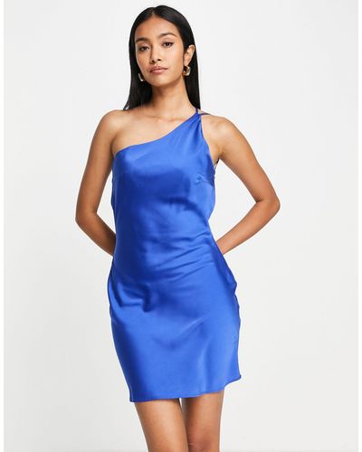 Lola May Satin Asymmetric Strap Mini Dress - Blue