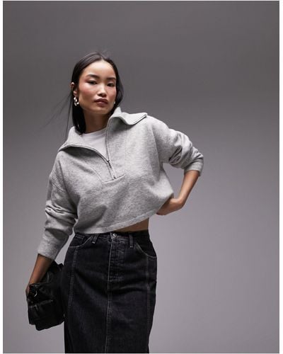 TOPSHOP Knitted Crop Sweater With Zip Up Funnel - Gray