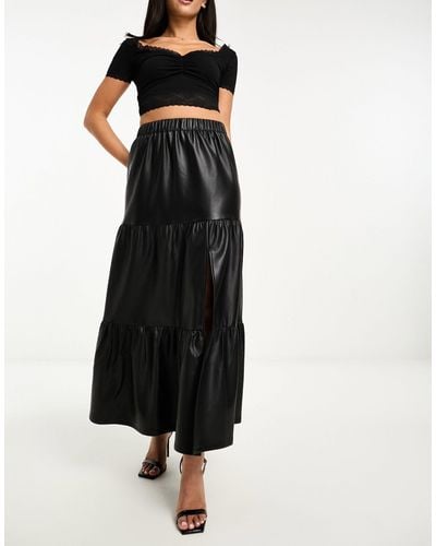 Miss Selfridge Faux Leather Tiered Maxi Skirt - Black